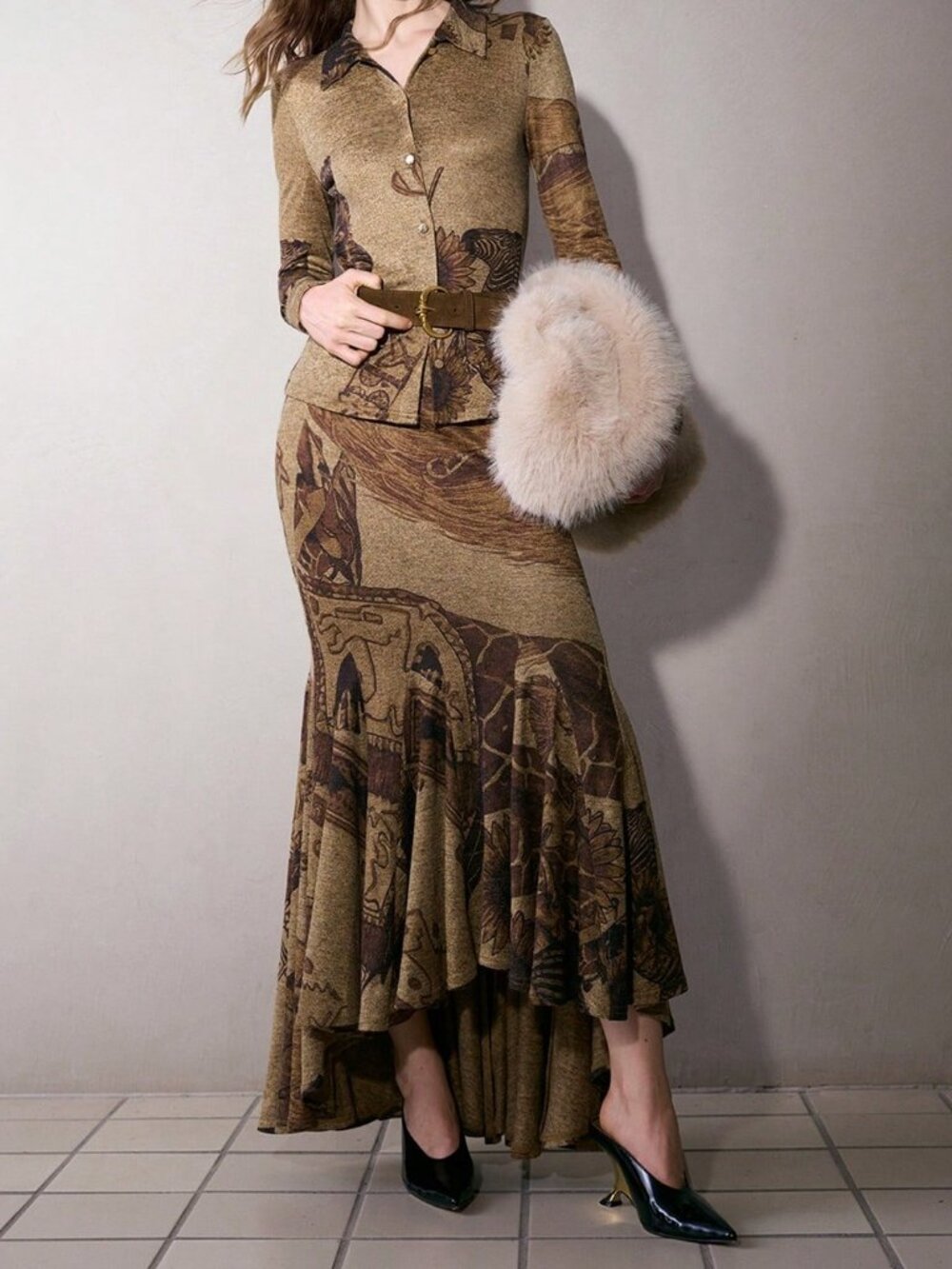 Brown Floral Graphic Slim Fit Collar Long Sleeve Top & Skirt Set